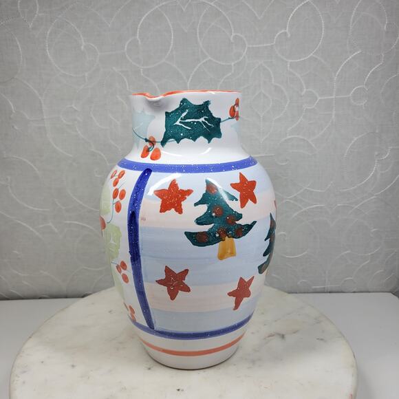 Pier 1 Italian Ceramic Pitcher Hand Painted Christmas Trees Floral Stars - Picture 12 of 15